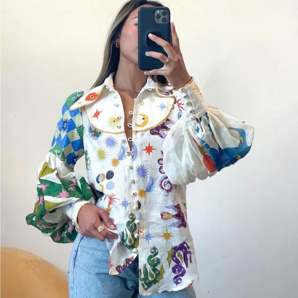 Whimsical Zodiac Print Cream Button-Up Blouse - Picture 4 of 7